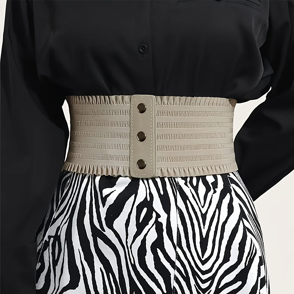 Women's Wide Lace Waist Belt with Decorative Buttons in Brown Red Beige